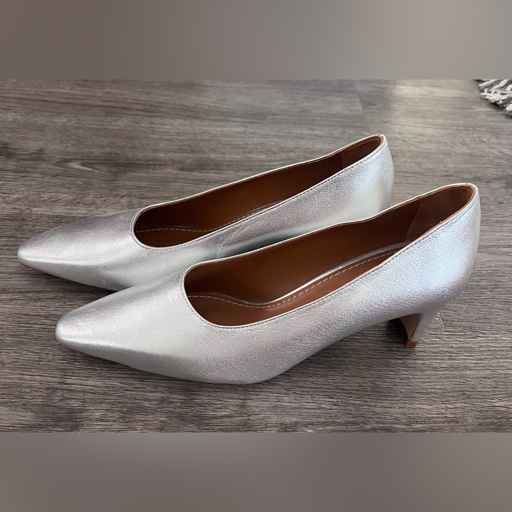 STAUD Silver Leather Low Heel Pumps